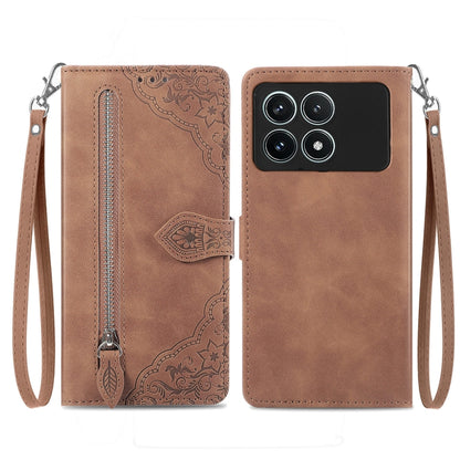 For Xiaomi Redmi K70 Pro Embossed Flower Zipper Leather Phone Case(Brown) - K70 Pro Cases by PMC Jewellery | Online Shopping South Africa | PMC Jewellery | Buy Now Pay Later Mobicred