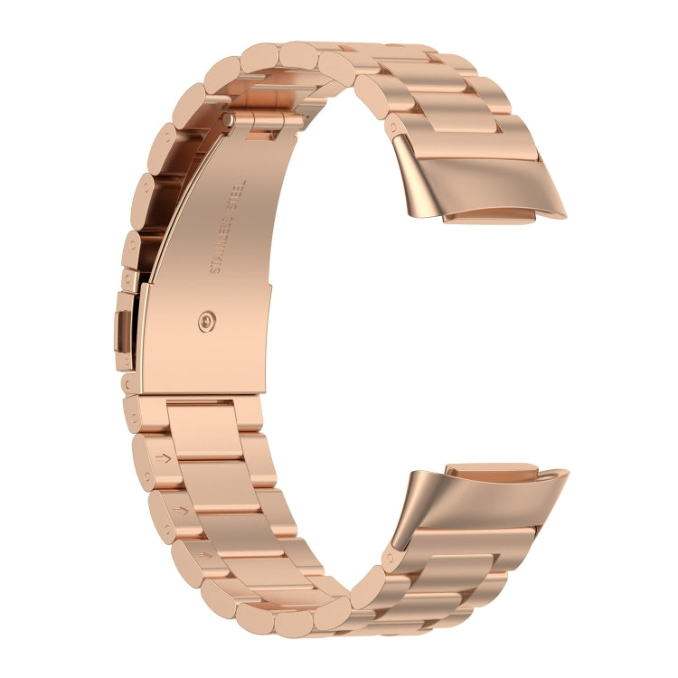 For Fitbit Charge 6 Three Beads Stainless Steel Metal Watch Band(Rose Gold) - Watch Bands by PMC Jewellery | Online Shopping South Africa | PMC Jewellery | Buy Now Pay Later Mobicred