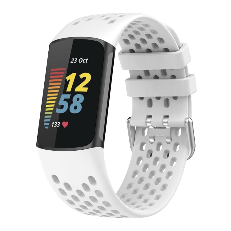 For Fitbit Charge 5 Solid Color Breathable Sports Silicone Watch Band(White) - Watch Bands by PMC Jewellery | Online Shopping South Africa | PMC Jewellery | Buy Now Pay Later Mobicred