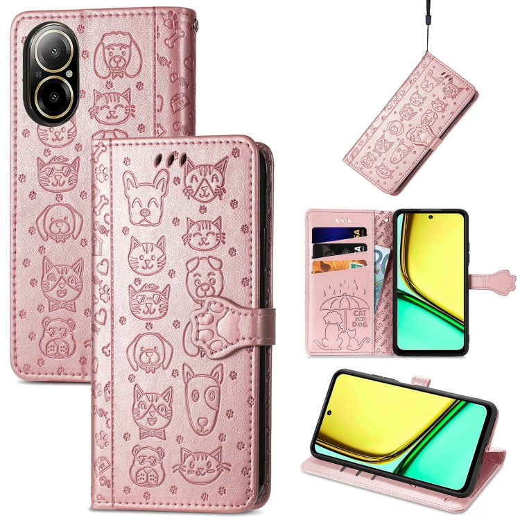 For Realme C67 4G Cat and Dog Embossed Leather Phone Case(Rose Gold) - C67 Cases by PMC Jewellery | Online Shopping South Africa | PMC Jewellery | Buy Now Pay Later Mobicred