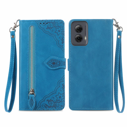 For Motorola Moto G Power 5G 2024 Embossed Flower Zipper Leather Phone Case(Blue) - Motorola Cases by PMC Jewellery | Online Shopping South Africa | PMC Jewellery | Buy Now Pay Later Mobicred