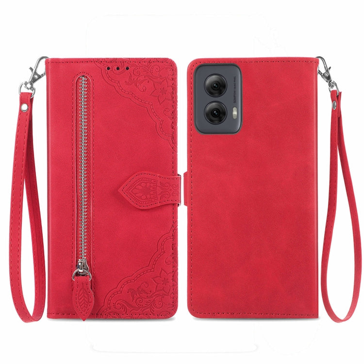 For Motorola Moto G Power 5G 2024 Embossed Flower Zipper Leather Phone Case(Red) - Motorola Cases by PMC Jewellery | Online Shopping South Africa | PMC Jewellery | Buy Now Pay Later Mobicred