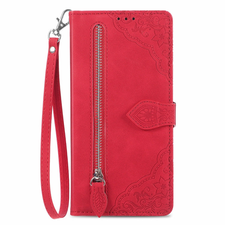 For Motorola Moto G Power 5G 2024 Embossed Flower Zipper Leather Phone Case(Red) - Motorola Cases by PMC Jewellery | Online Shopping South Africa | PMC Jewellery | Buy Now Pay Later Mobicred