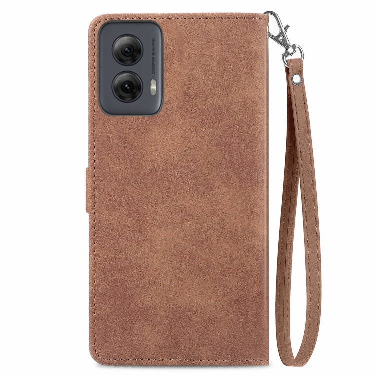 For Motorola Moto G Power 5G 2024 Embossed Flower Zipper Leather Phone Case(Brown) - Motorola Cases by PMC Jewellery | Online Shopping South Africa | PMC Jewellery | Buy Now Pay Later Mobicred