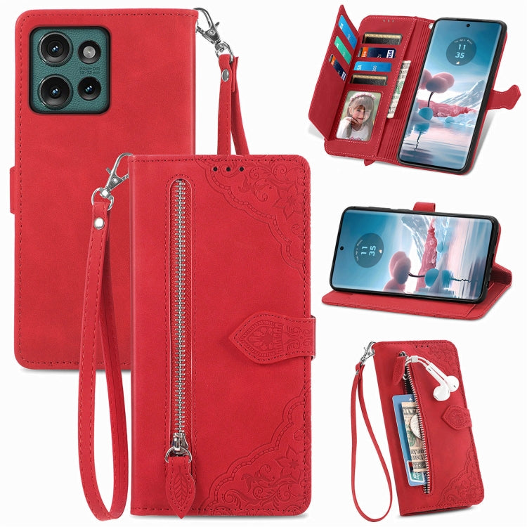 For Motorola Edge 2024 Embossed Flower Zipper Leather Phone Case(Red) - Motorola Cases by PMC Jewellery | Online Shopping South Africa | PMC Jewellery | Buy Now Pay Later Mobicred