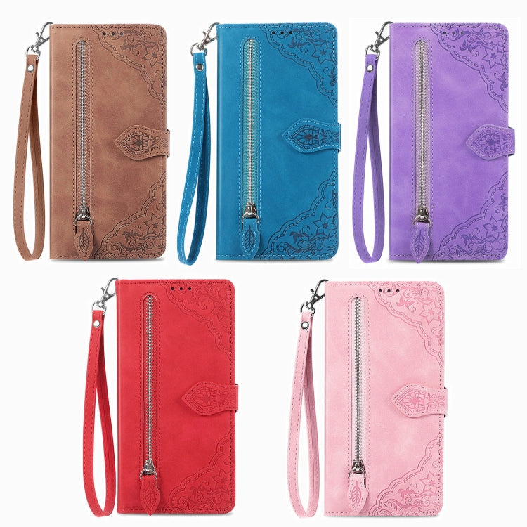 For Motorola Edge 2024 Embossed Flower Zipper Leather Phone Case(Blue) - free shipping - PMC Jewellery - Order now!
