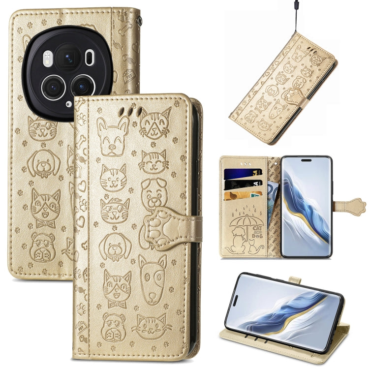 For Honor Magic6 Pro Cat and Dog Embossed Leather Phone Case(Gold) - Honor Cases by PMC Jewellery | Online Shopping South Africa | PMC Jewellery | Buy Now Pay Later Mobicred