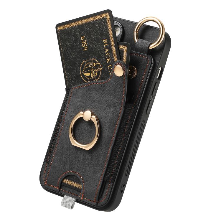 For iPhone 16e Retro Skin-feel Ring Card Bag Phone Case with Hang Loop(Black) - iPhone 16e Cases by PMC TechLife | Online Shopping South Africa | PMC TechLife | Buy Now Pay Later Mobicred