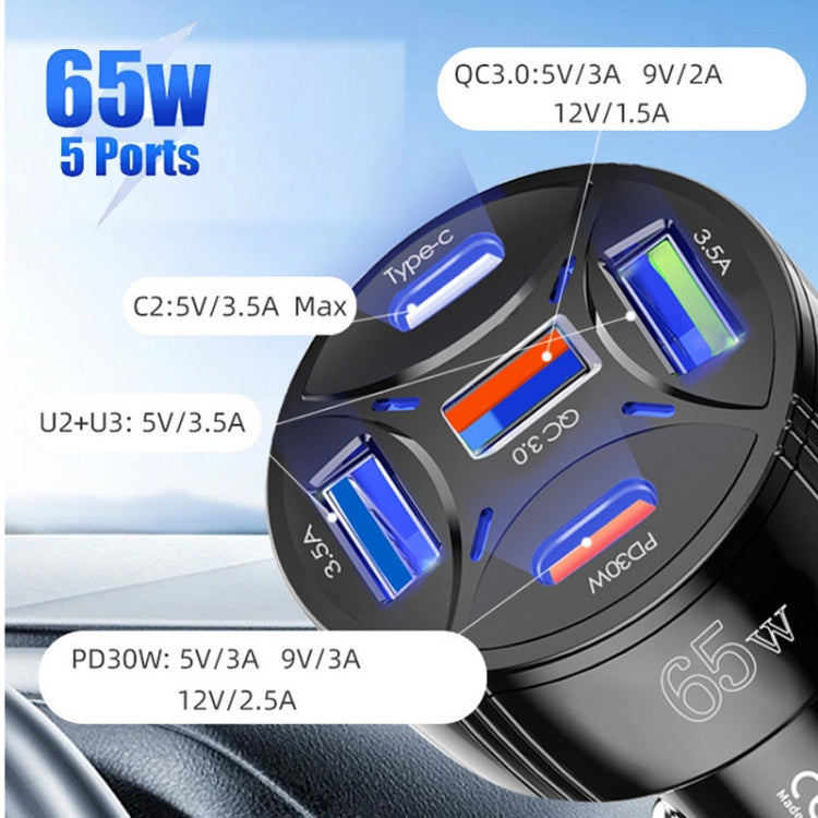 TE-P50 65W PD30W Type-C x 2 + USB x 3 Multi Port Car Charger(Black) - Car Charger by PMC TechLife | Online Shopping South Africa | PMC TechLife | Buy Now Pay Later Mobicred