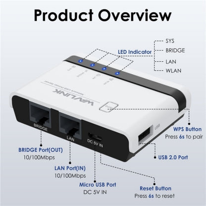 WAVLINK NU516U1 USB2.0 Wireless Printer Server With 10 / 100Mbps LAN / Bridge WiFi(UK Plug) - Printer Accessories by WAVLINK | Online Shopping South Africa | PMC Jewellery | Buy Now Pay Later Mobicred