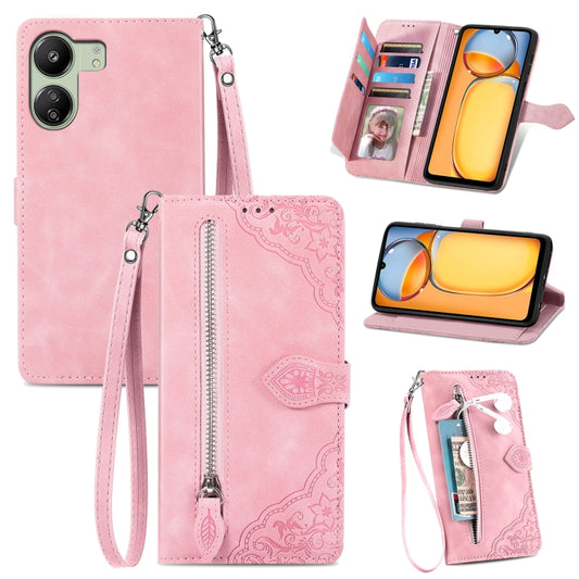 For Xiaomi Redmi 13C Embossed Flower Zipper Leather Phone Case(Pink) - 13C Cases by PMC Jewellery | Online Shopping South Africa | PMC Jewellery