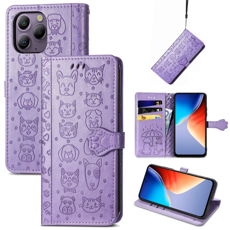 For Blackview A96 Cat and Dog Embossed Leather Phone Case(Purple) - More Brand by PMC Jewellery | Online Shopping South Africa | PMC Jewellery