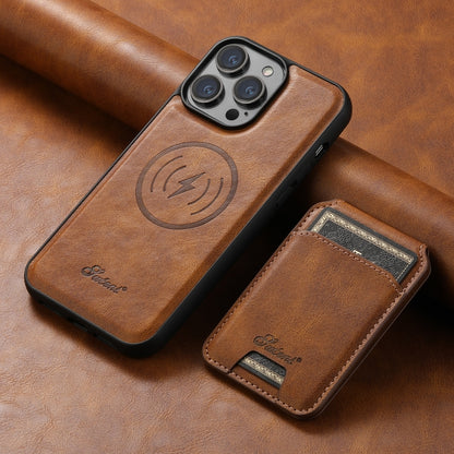 For iPhone 13 Suteni H15 MagSafe Oil Eax Leather Detachable Wallet Back Phone Case(Brown) - iPhone 13 Cases by Suteni | Online Shopping South Africa | PMC Jewellery | Buy Now Pay Later Mobicred