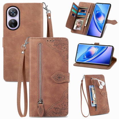 For Blackview A200 Pro Embossed Flower Zipper Leather Phone Case(Brown) - More Brand by PMC Jewellery | Online Shopping South Africa | PMC Jewellery