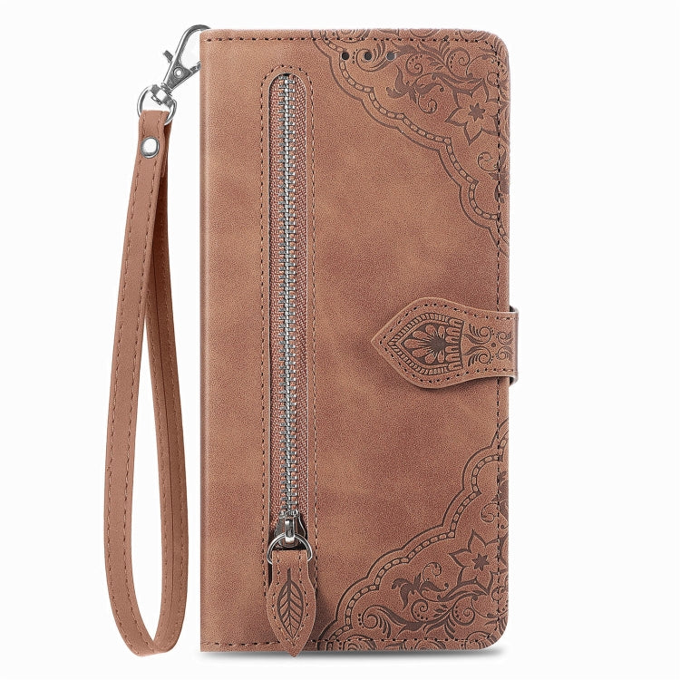 For Blackview A200 Pro Embossed Flower Zipper Leather Phone Case(Brown) - More Brand by PMC TechLife | Online Shopping South Africa | PMC TechLife | Buy Now Pay Later Mobicred