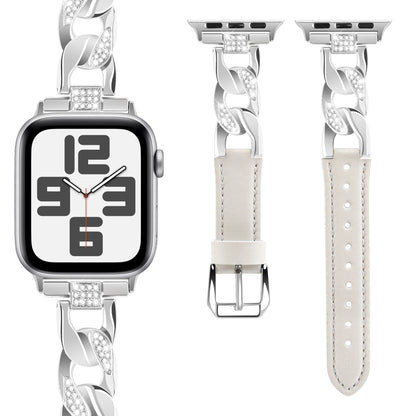 For Apple Watch Ultra 2 49mm Rhinestone Denim Chain Leather Watch Band(Beige) - Watch Bands by PMC Jewellery | Online Shopping South Africa | PMC Jewellery