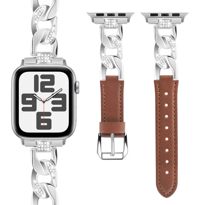 For Apple Watch Series 9 41mm Rhinestone Denim Chain Leather Watch Band(Brown) - Watch Bands by PMC Jewellery | Online Shopping South Africa | PMC Jewellery