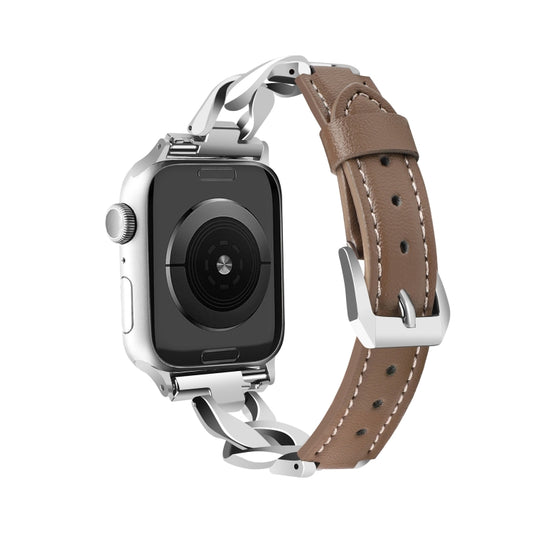 For Apple Watch Series 5 44mm Rhinestone Denim Chain Leather Watch Band(Dark Brown) - Watch Bands by PMC Jewellery | Online Shopping South Africa | PMC Jewellery