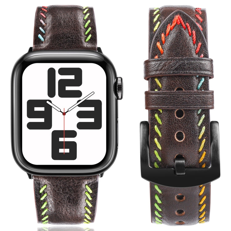 For Apple Watch Series 8 45mm Colorful Sewing Thread Leather Watch Band(Dark Brown) - Watch Bands by PMC Jewellery | Online Shopping South Africa | PMC Jewellery