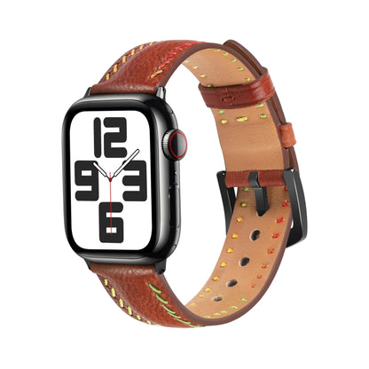 For Apple Watch Series 3 38mm Colorful Sewing Thread Leather Watch Band(Brown) - Watch Bands by PMC Jewellery | Online Shopping South Africa | PMC Jewellery