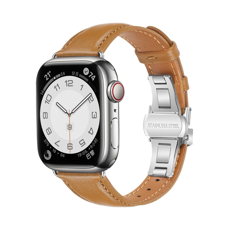 For Apple Watch SE 2023 44mm Plain Leather Butterfly Buckle Watch Band(Brown+Silver) - free shipping - PMC TechLife - Order now!