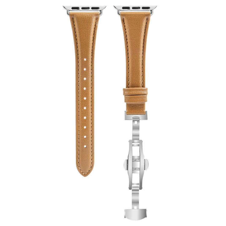 For Apple Watch SE 2023 44mm Plain Leather Butterfly Buckle Watch Band(Brown+Silver) - free shipping - PMC TechLife - Order now!