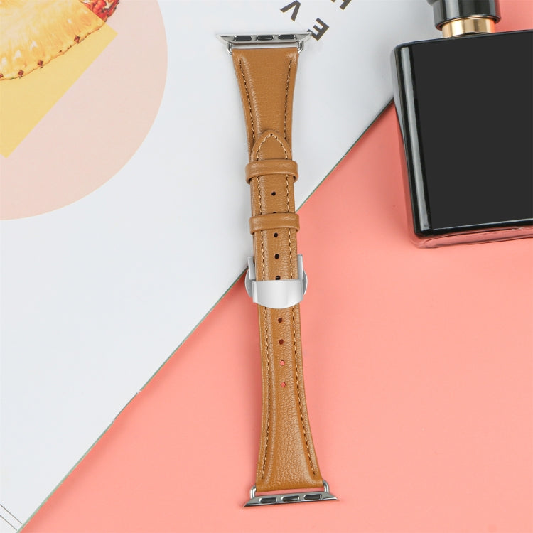 For Apple Watch Ultra 2 49mm Plain Leather Butterfly Buckle Watch Band(Brown+Silver) - free shipping - PMC TechLife - Order now!
