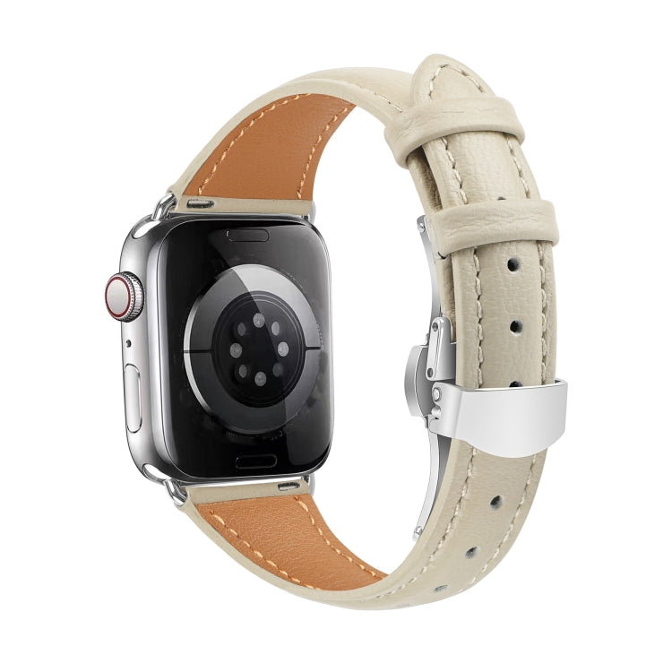For Apple Watch Ultra 49mm Plain Leather Butterfly Buckle Watch Band(Beige+Silver) - free shipping - PMC TechLife - Order now!