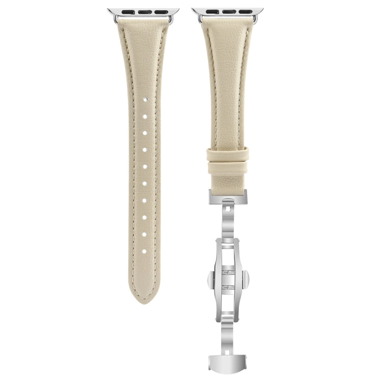 For Apple Watch Ultra 49mm Plain Leather Butterfly Buckle Watch Band(Beige+Silver) - free shipping - PMC TechLife - Order now!
