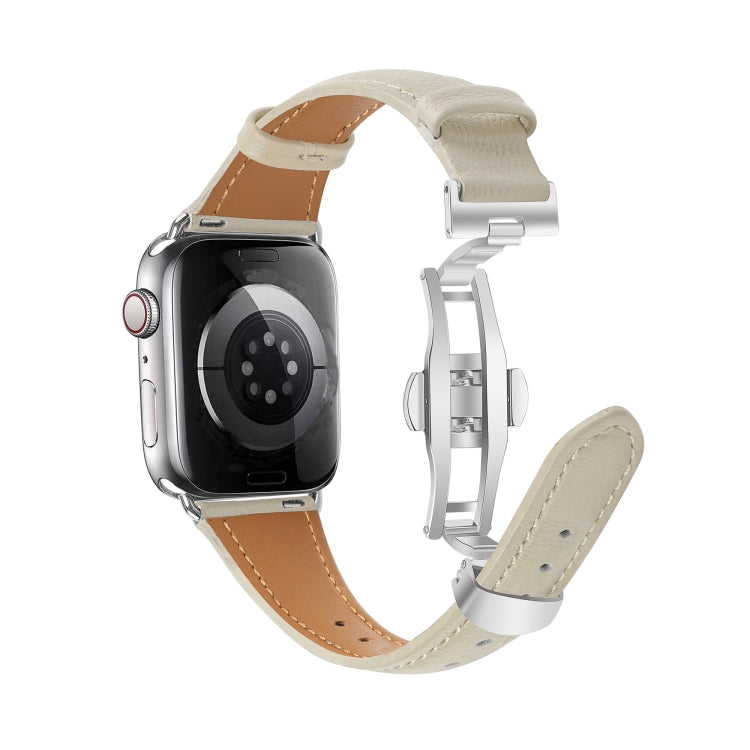 For Apple Watch Series 7 45mm Plain Leather Butterfly Buckle Watch Band(Beige+Silver) - free shipping - PMC TechLife - Order now!