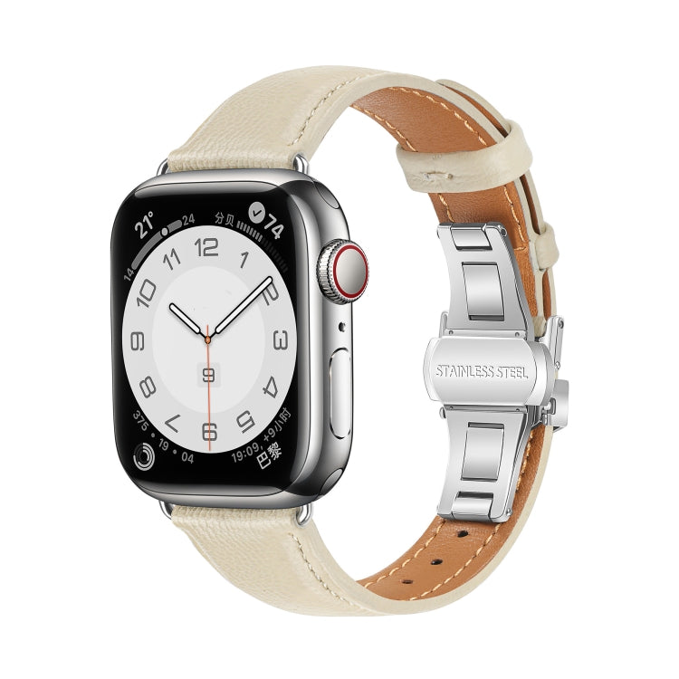 For Apple Watch Series 5 44mm Plain Leather Butterfly Buckle Watch Band(Beige+Silver) - free shipping - PMC TechLife - Order now!