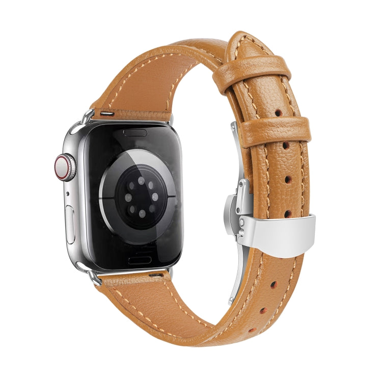 For Apple Watch Series 4 44mm Plain Leather Butterfly Buckle Watch Band(Brown+Silver) - free shipping - PMC TechLife - Order now!