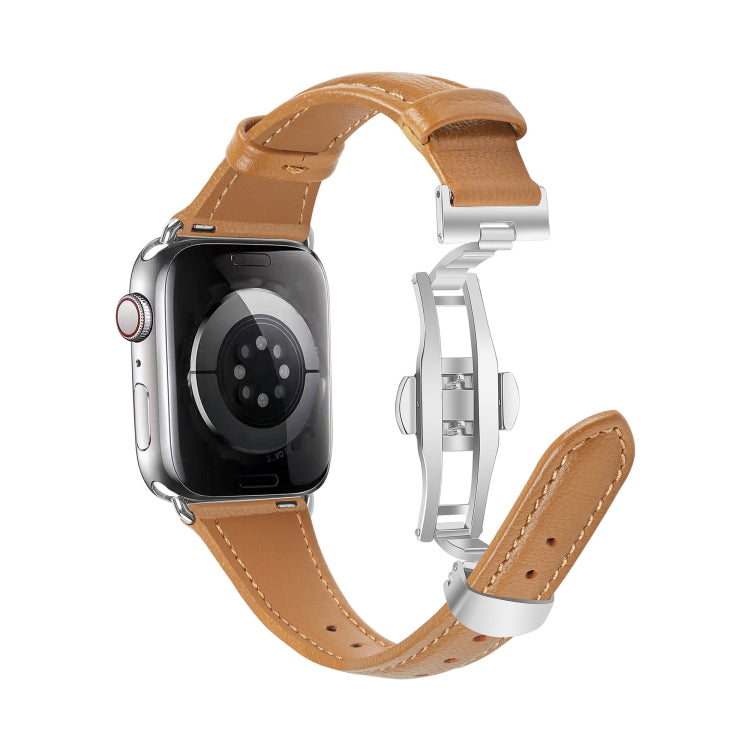 For Apple Watch Series 4 44mm Plain Leather Butterfly Buckle Watch Band(Brown+Silver) - free shipping - PMC TechLife - Order now!