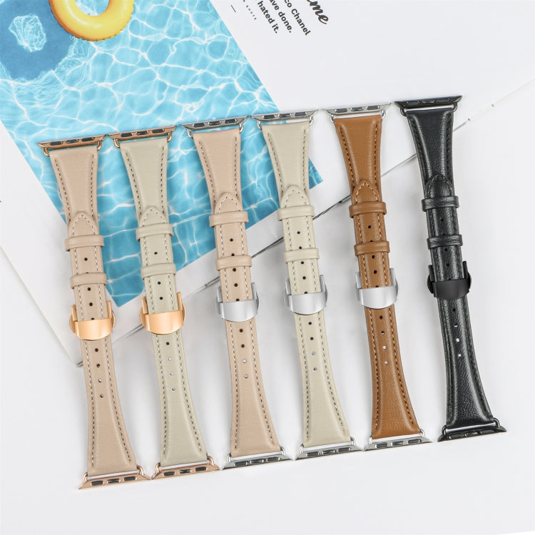 For Apple Watch Ultra 49mm Plain Leather Butterfly Buckle Watch Band(Beige+Silver) - free shipping - PMC TechLife - Order now!
