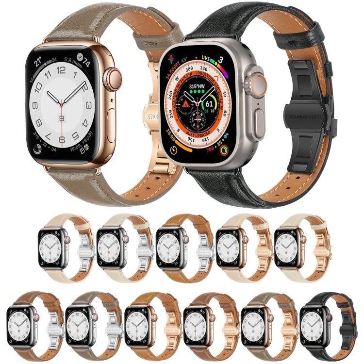 For Apple Watch SE 2022 44mm Plain Leather Butterfly Buckle Watch Band(Gray+Silver) - free shipping - PMC TechLife - Order now!