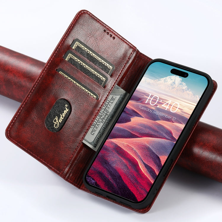 For iPhone 16 Suteni Baroque Calf Texture Buckle Wallet Leather Phone Case(Red) - iPhone 16 Cases by Suteni | Online Shopping South Africa | PMC Jewellery | Buy Now Pay Later Mobicred