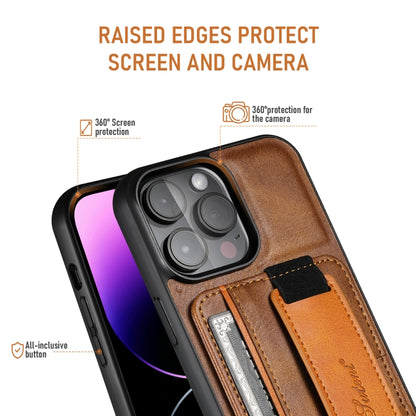 For iPhone 16 Pro Suteni H13 Card Wallet Wrist Strap Holder PU Phone Case(Brown) - iPhone 16 Pro Cases by Suteni | Online Shopping South Africa | PMC Jewellery | Buy Now Pay Later Mobicred