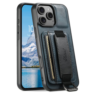 For iPhone 16 Pro Suteni H13 Card Wallet Wrist Strap Holder PU Phone Case(Blue) - iPhone 16 Pro Cases by Suteni | Online Shopping South Africa | PMC Jewellery | Buy Now Pay Later Mobicred