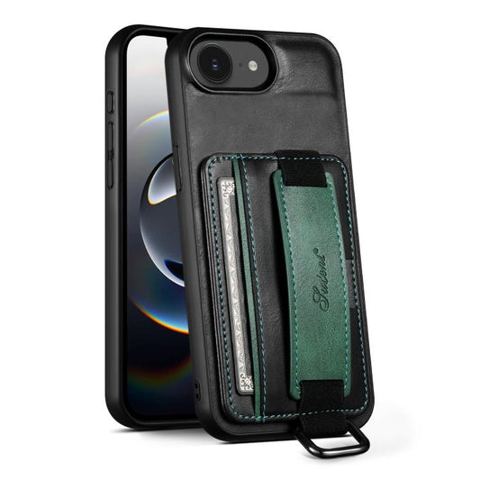 For iPhone 16e Suteni H13 Card Wallet Wrist Strap Holder PU Phone Case(Black) - iPhone 16e Cases by Suteni | Online Shopping South Africa | PMC Jewellery | Buy Now Pay Later Mobicred