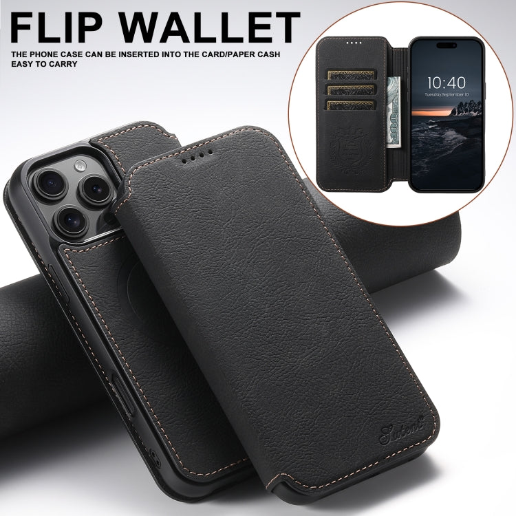 For iPhone 16 Pro Max Suteni J06 Retro Matte Litchi Texture Leather MagSafe Phone Case(Black) - iPhone 16 Pro Max Cases by Suteni | Online Shopping South Africa | PMC Jewellery | Buy Now Pay Later Mobicred