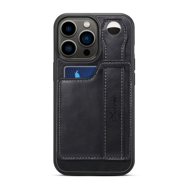 For iPhone 15 Pro Max SUTENI H12 Wrist Strap Leather Back Phone Case with Card Slot(Black) - iPhone 15 Pro Max Cases by Suteni | Online Shopping South Africa | PMC Jewellery | Buy Now Pay Later Mobicred