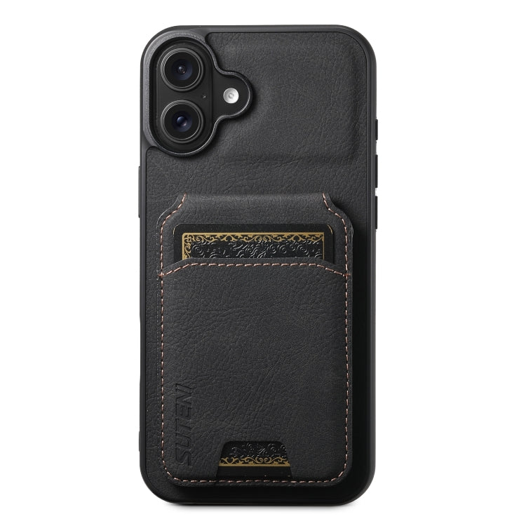 For iPhone 16 Suteni H02 Litchi Leather Card Wallet Stand Back Phone Case(Black) - iPhone 16 Cases by Suteni | Online Shopping South Africa | PMC Jewellery | Buy Now Pay Later Mobicred