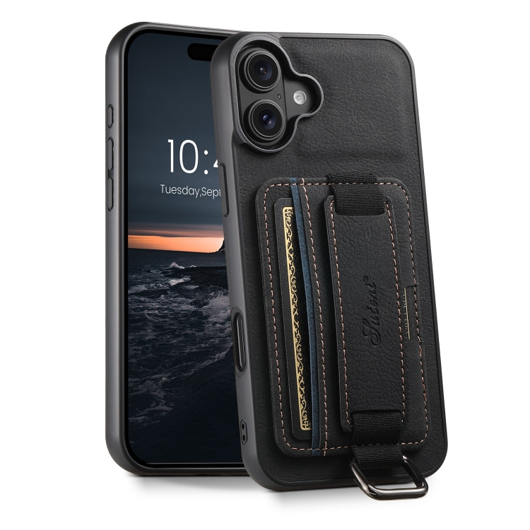 For iPhone 16 Plus Suteni H13 Litchi Leather Wrist Strap Wallet Back Phone Case(Black) - iPhone 16 Plus Cases by Suteni | Online Shopping South Africa | PMC Jewellery | Buy Now Pay Later Mobicred