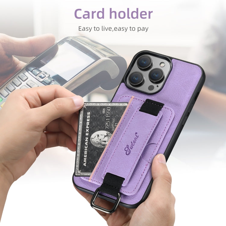 For iPhone 16 Pro Suteni H13 Litchi Leather Wrist Strap Wallet Back Phone Case(Purple) - iPhone 16 Pro Cases by Suteni | Online Shopping South Africa | PMC Jewellery | Buy Now Pay Later Mobicred