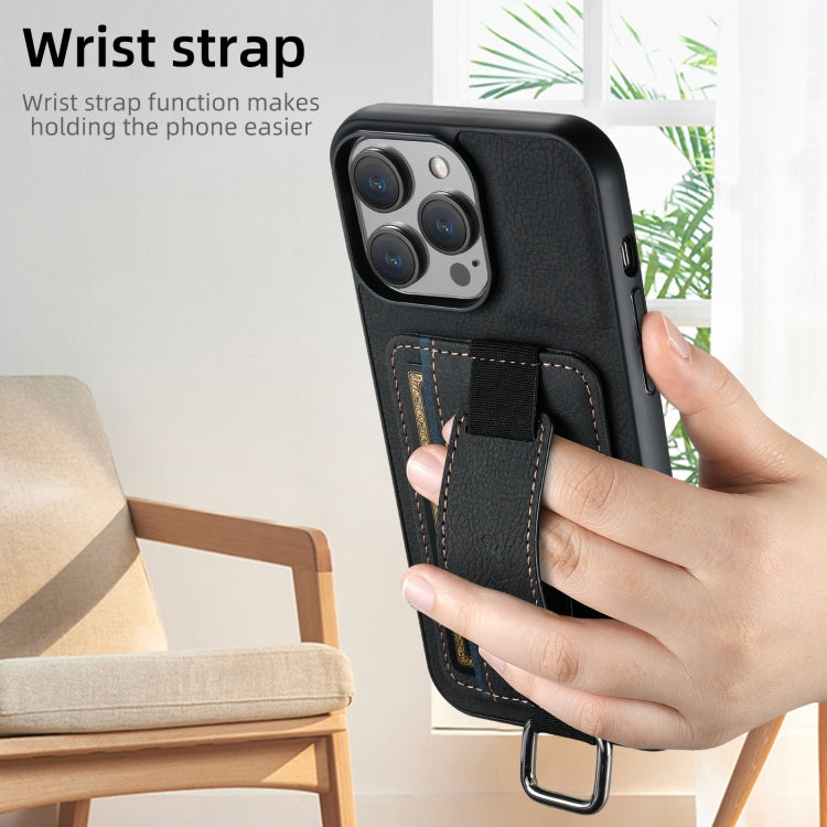 For iPhone 16 Suteni H13 Litchi Leather Wrist Strap Wallet Back Phone Case(Black) - iPhone 16 Cases by Suteni | Online Shopping South Africa | PMC Jewellery | Buy Now Pay Later Mobicred