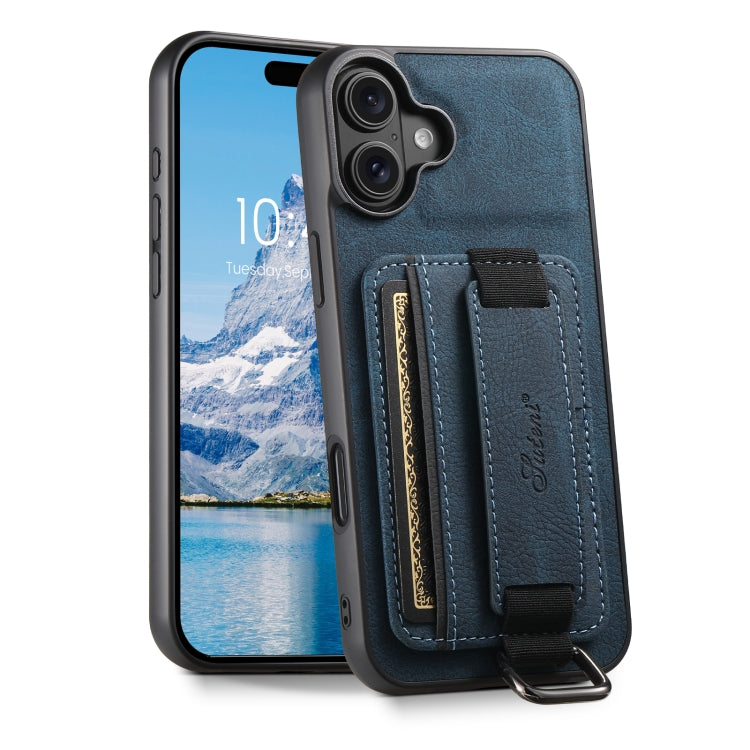 For iPhone 16 Suteni H13 Litchi Leather Wrist Strap Wallet Back Phone Case(Blue) - iPhone 16 Cases by Suteni | Online Shopping South Africa | PMC Jewellery | Buy Now Pay Later Mobicred