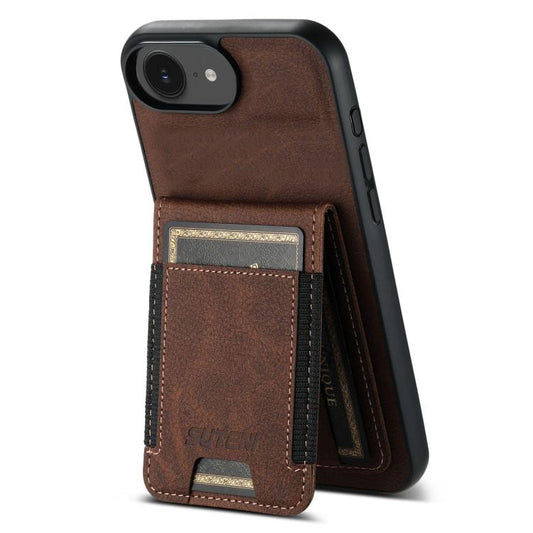 For iPhone 16e Suteni H03 Litchi Leather Card Bag Stand Back Phone Case(Brown) - iPhone 16e Cases by Suteni | Online Shopping South Africa | PMC Jewellery | Buy Now Pay Later Mobicred