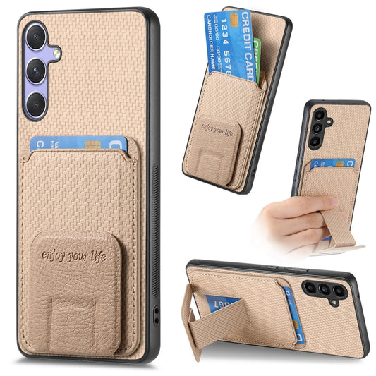 For Samsung Galaxy S25+ 5G Carbon Fiber Card Bag Fold Stand Phone Case(Khaki) - Galaxy S25+ 5G Cases by PMC Jewellery | Online Shopping South Africa | PMC Jewellery | Buy Now Pay Later Mobicred