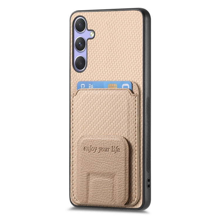 For Samsung Galaxy S25+ 5G Carbon Fiber Card Bag Fold Stand Phone Case(Khaki) - Galaxy S25+ 5G Cases by PMC Jewellery | Online Shopping South Africa | PMC Jewellery | Buy Now Pay Later Mobicred