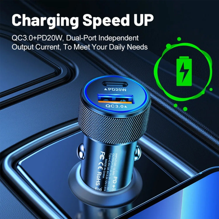 P19 Metal PD20W USB-C + QC18W USB Car Charger with Type-C to 8 Pin Date Cable(Black) - Car Charger by PMC Jewellery | Online Shopping South Africa | PMC Jewellery | Buy Now Pay Later Mobicred